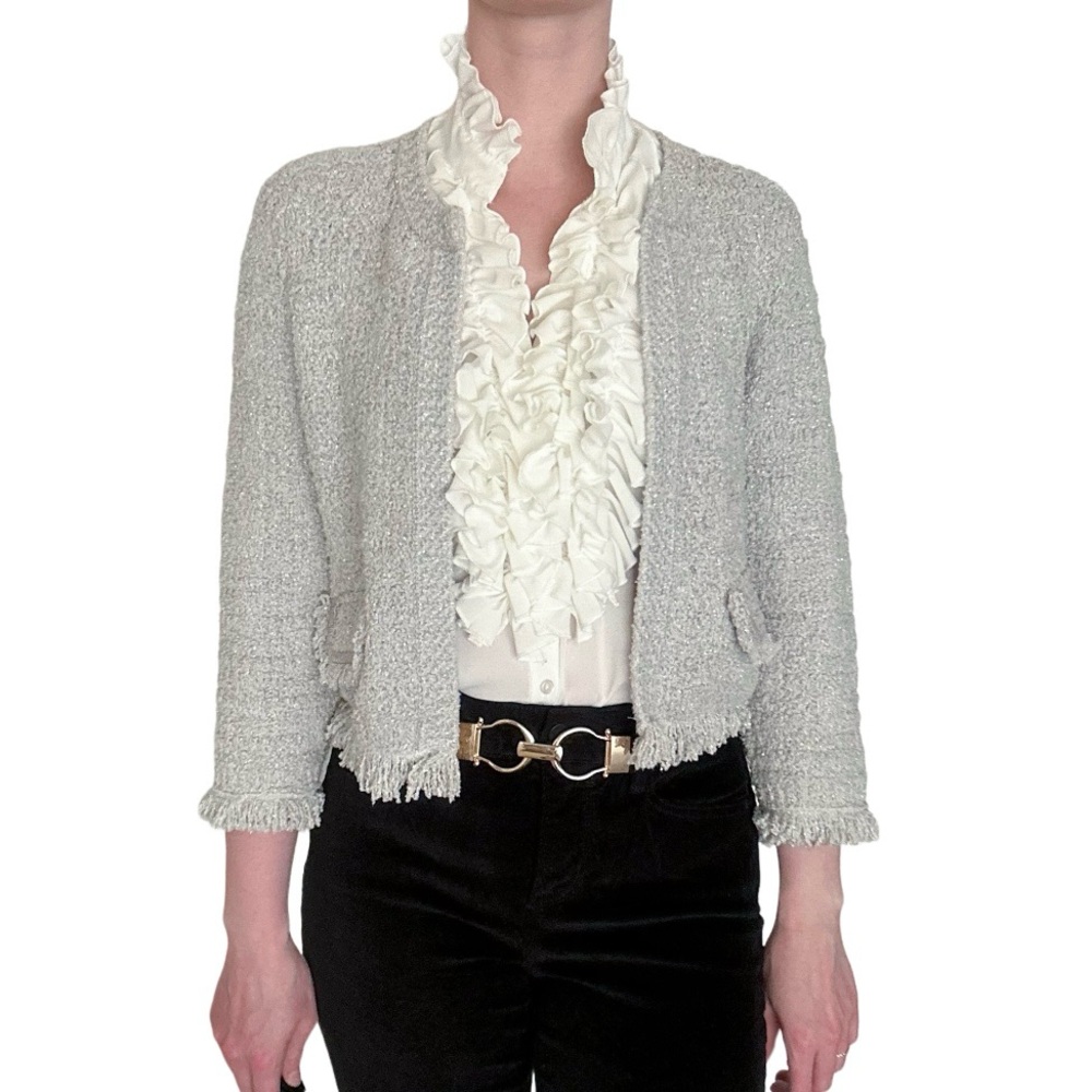 Ann Taylor silver gray fringe blazer long sleeve pocket jacket small